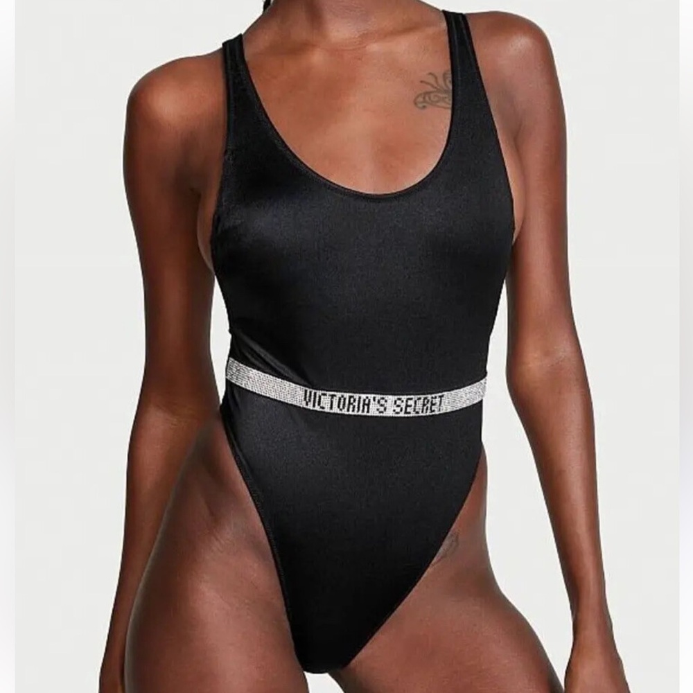Victorias Secret Swim Rhinestone Bling Shine Strap Plunge One Piece Swimsuit L